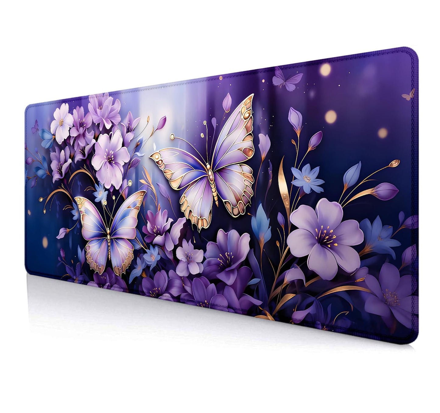 IMAYONDIA Gold Butterfly Desk Pad, Purple Flowers Large Mousepad, Floral Desk Mat, Modern Beutiful
