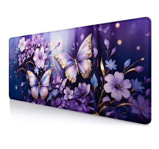 IMAYONDIA Gold Butterfly Desk Pad, Purple Flowers Large Mousepad, Floral Desk Mat, Modern Beutiful