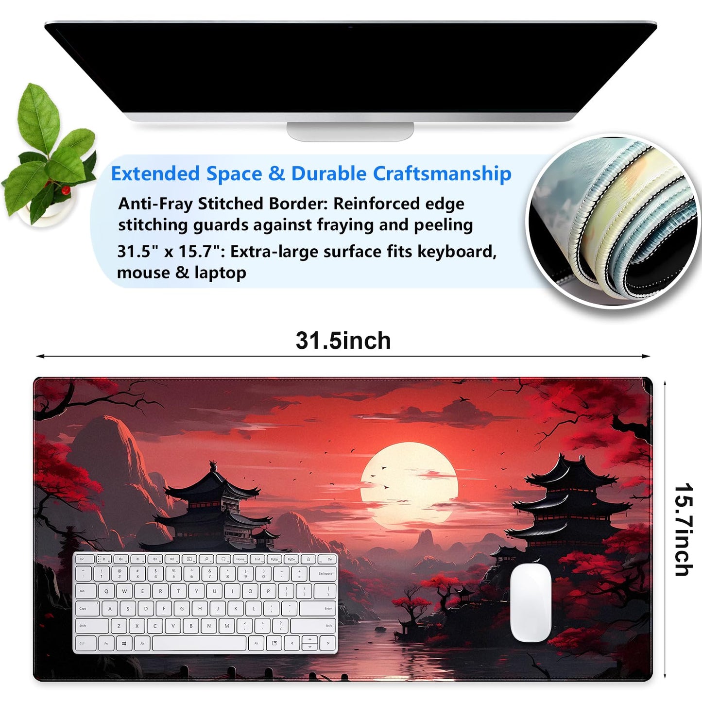Japanese Pagoda Desk Mat, Red Sunset Large Gaming Mouse Pad 31.5x15.7 in