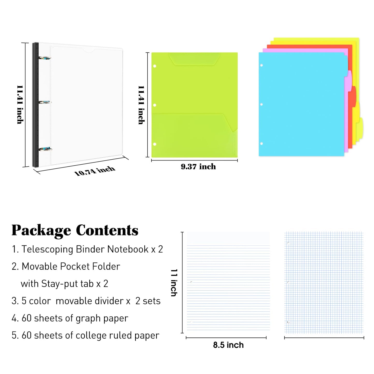 INFUN All-in-one Telescoping Binder Notebook-2PCS, Refillable 3 Ring Notebook Binder with 1 Plastic