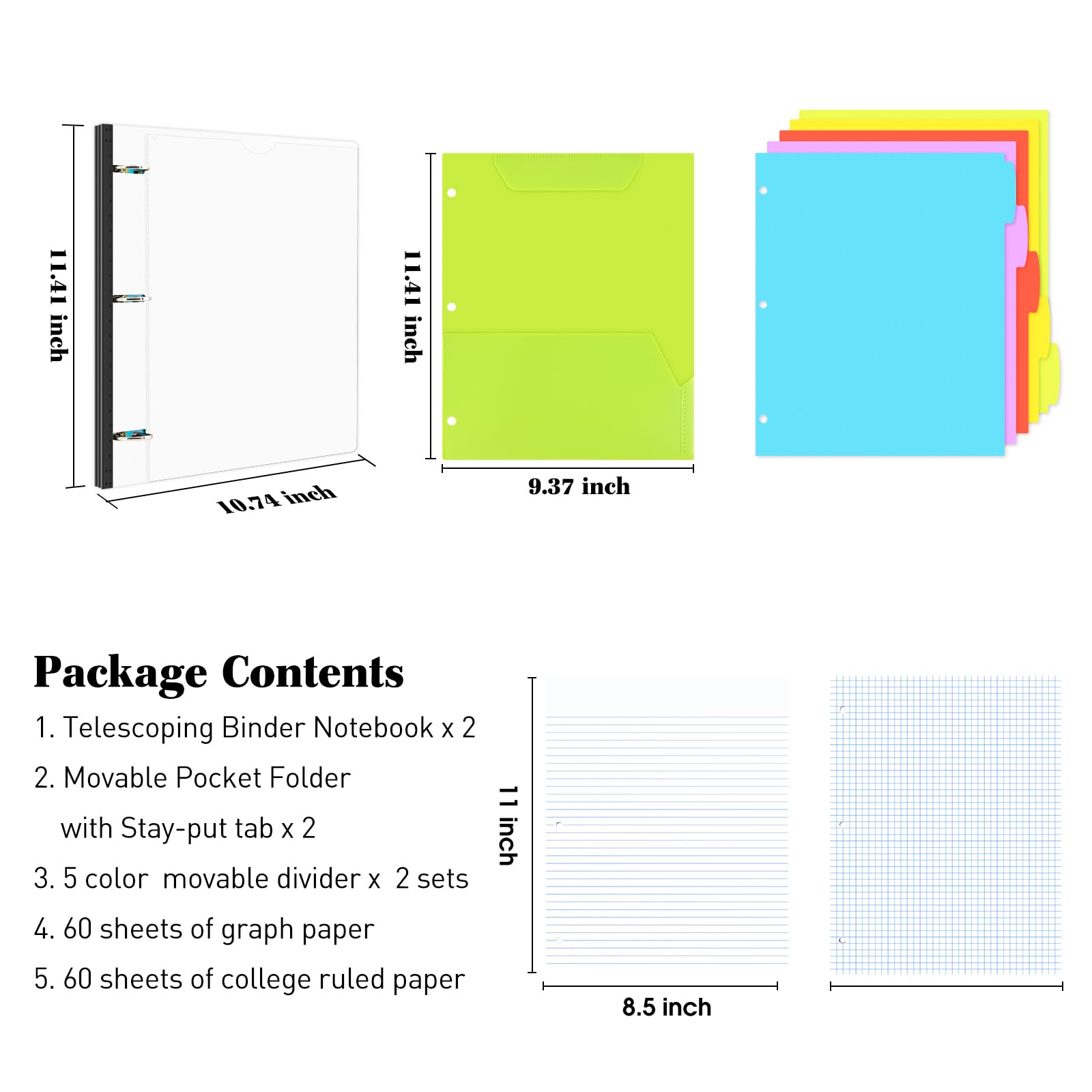 INFUN All-in-one Telescoping Binder Notebook-2PCS, Refillable 3 Ring Notebook Binder with 1 Plastic