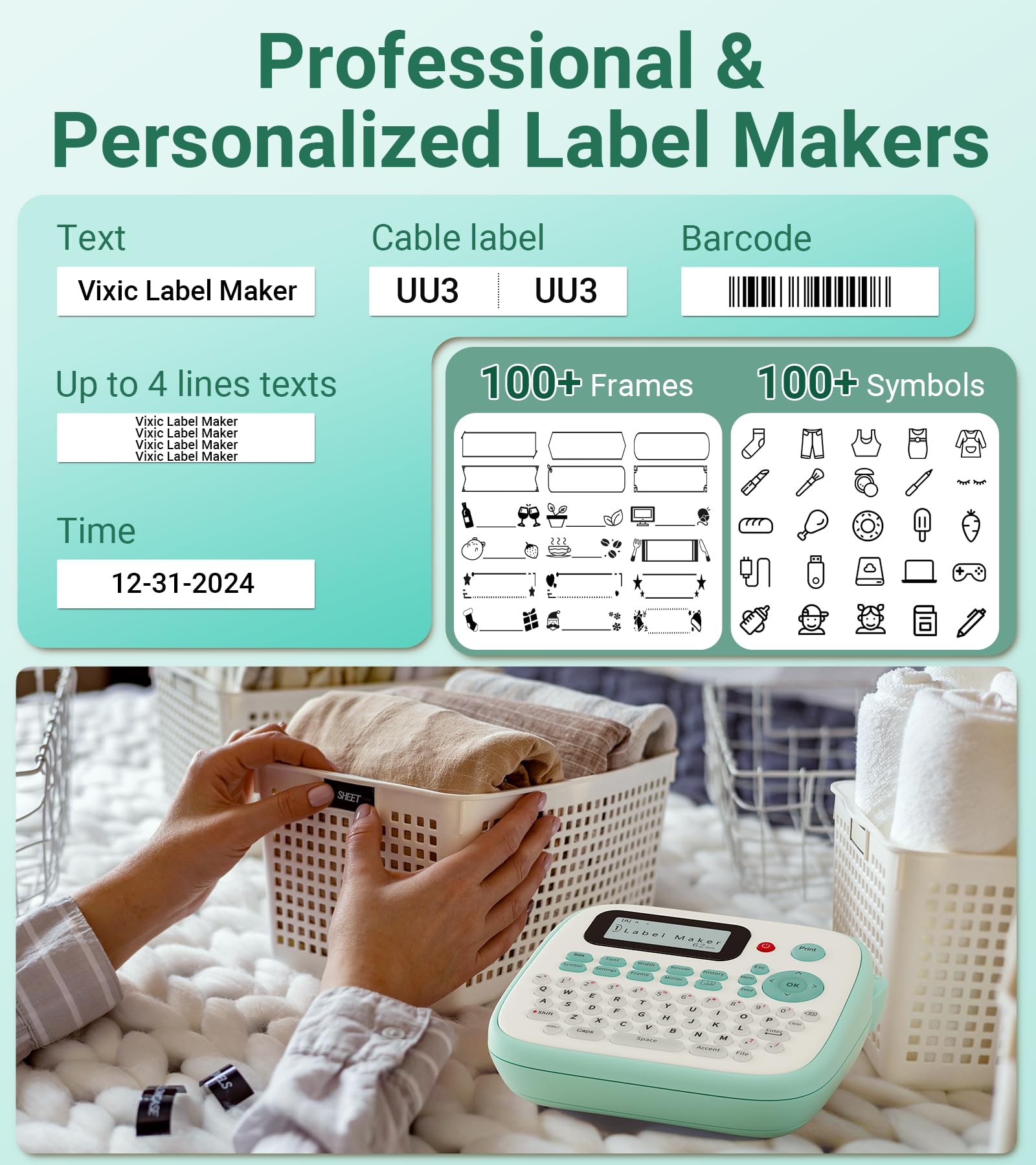 Vixic Label Maker, D210S Label Maker Machine with 4 Tapes, Keyboard Labeler
