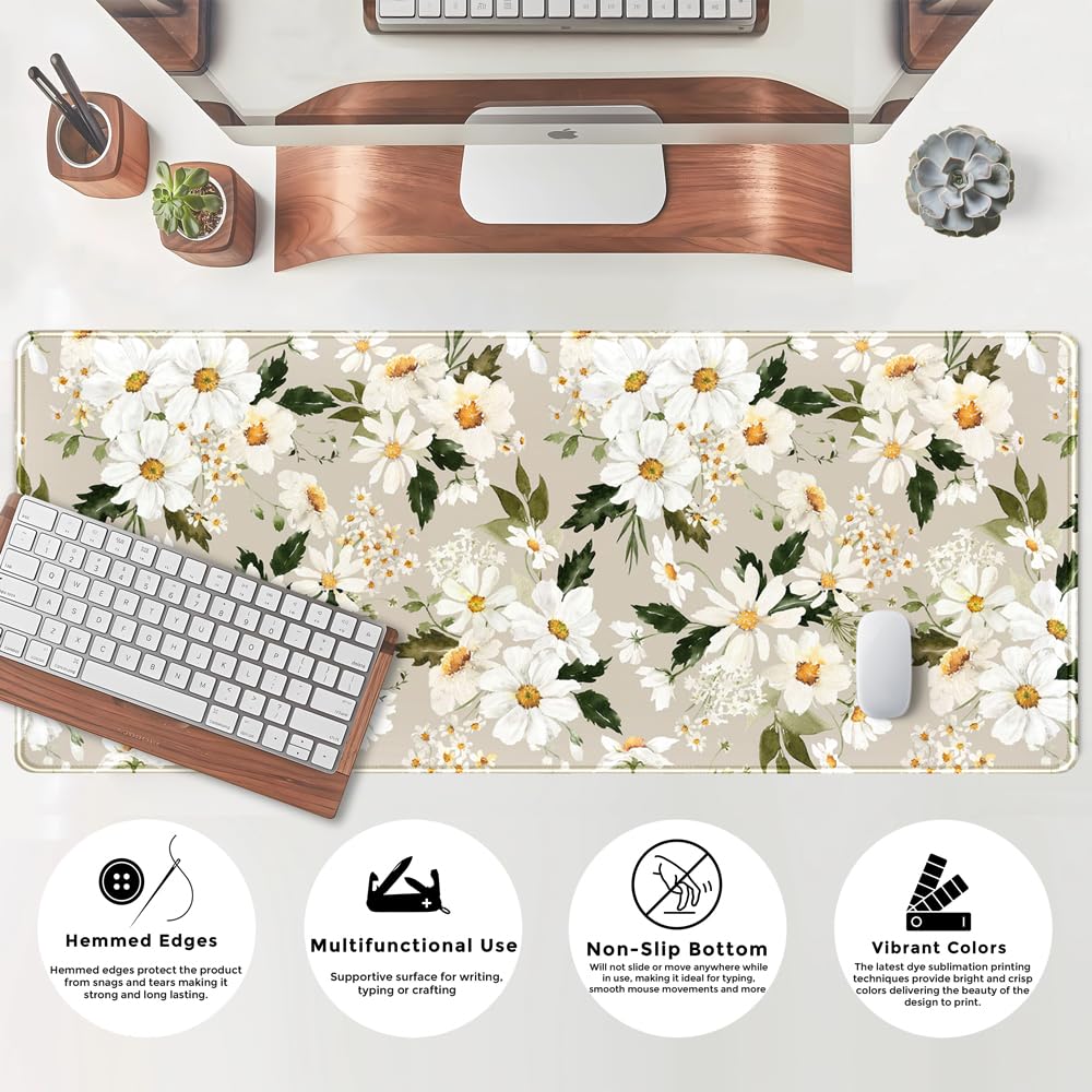Daisy Floral Daisies Large Mouse Pad Watercolor Flowers Desk Mat, Washable Mousepad LYC Cloth
