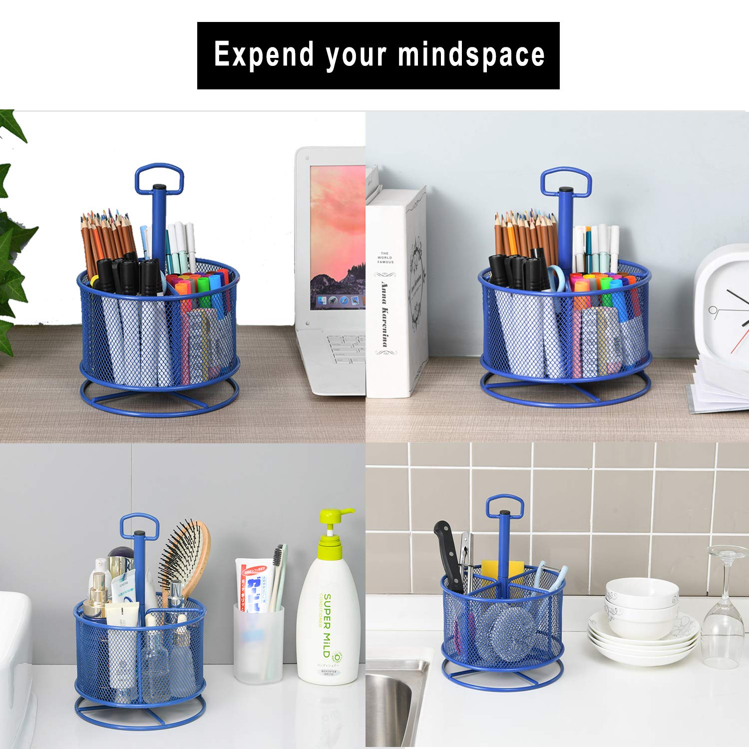 Marbrasse Mesh Desk Organizer, 360-Degree Rotating Multi-Functional Pen Holder, 4 Compartments