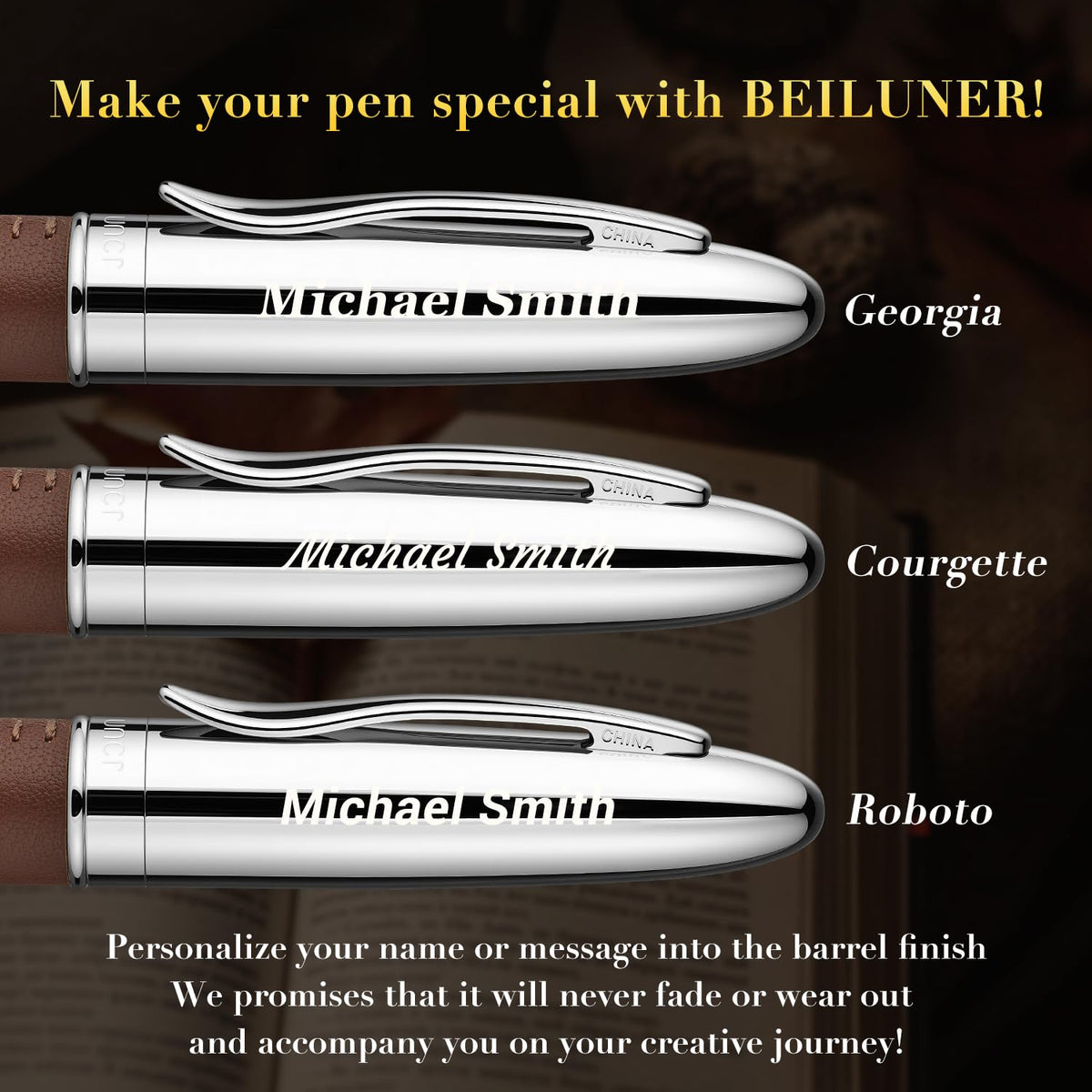 BEILUNER 318 Luxury Personalized Pen, Hand-Stitched Premium Brown Leather