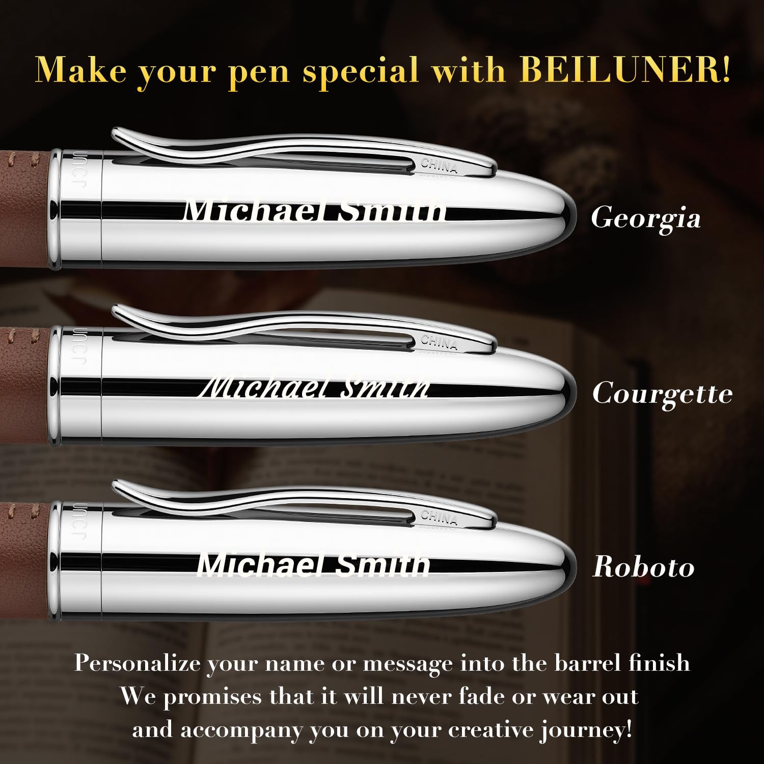BEILUNER 318 Luxury Personalized Pen, Hand-Stitched Premium Brown Leather