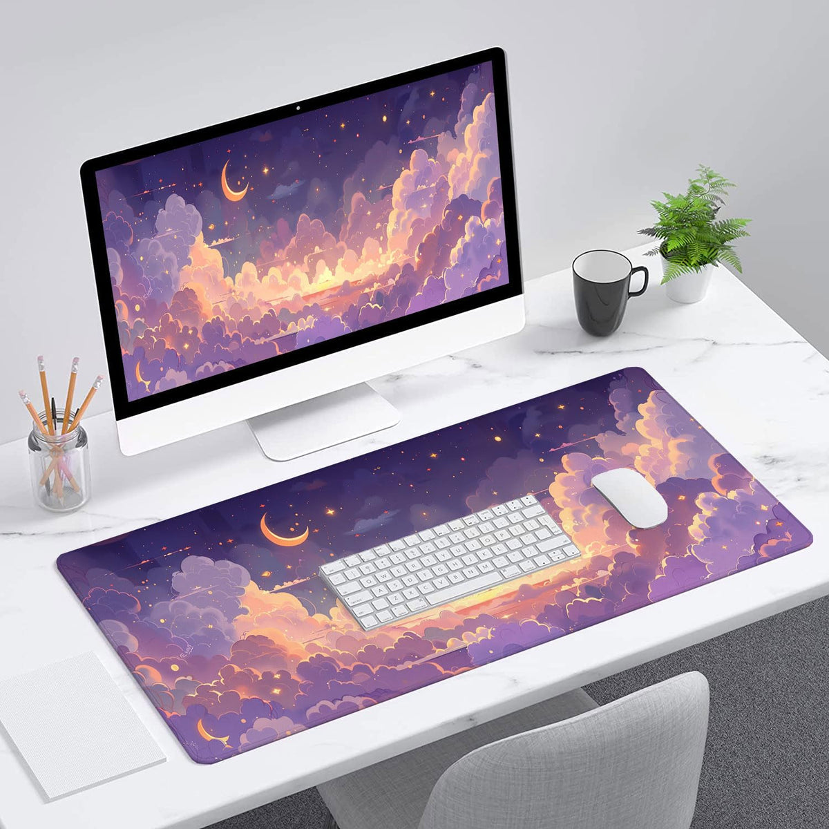 Cute Gaming Mouse Pad Desk Pad Kawaii Pink Purple Gold Clouds Mousepad XL Large Gaming Mouse Pad