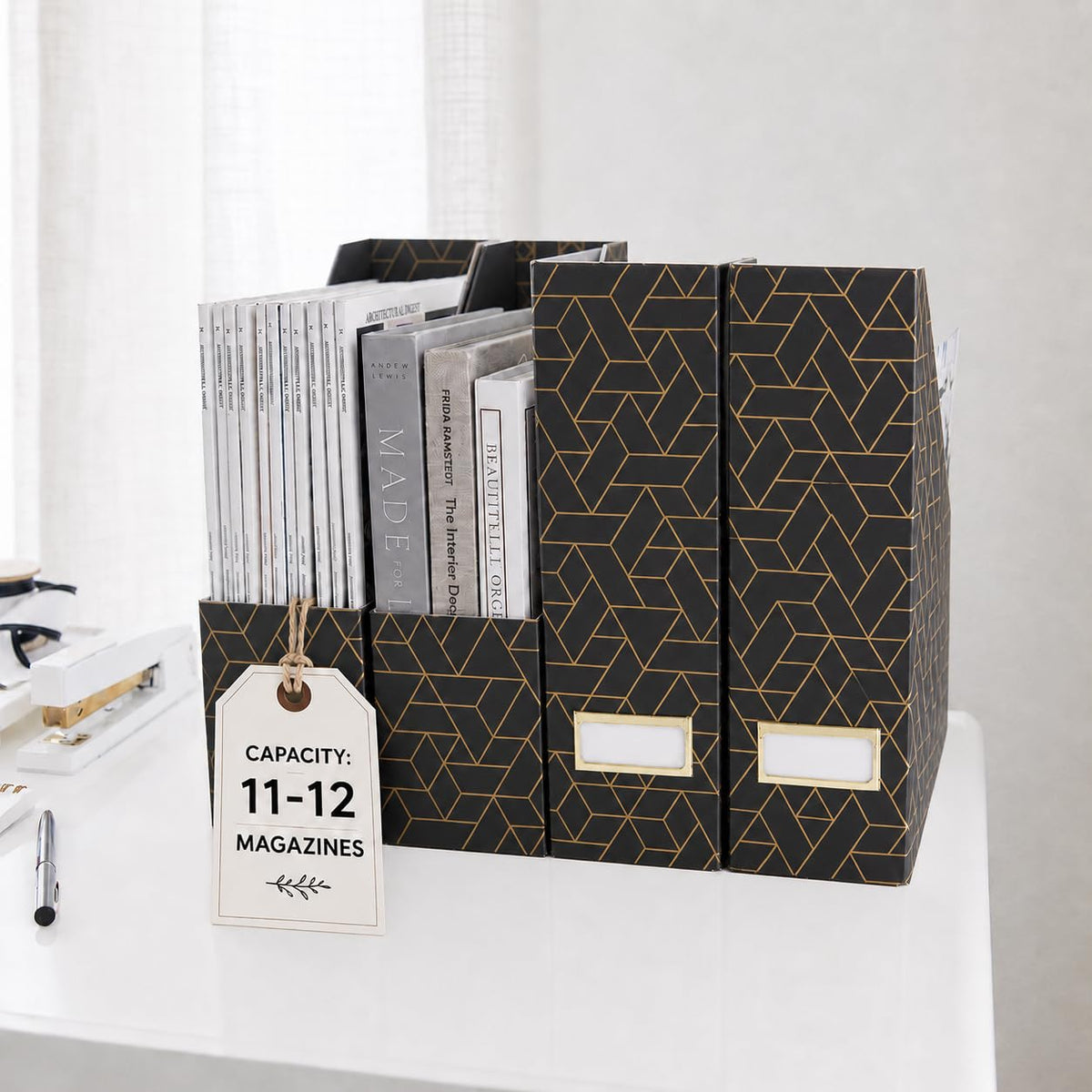 BLU MONACO | Set of 4 Black & Gold Geometric Magazine File Holders with Gold Label Holders |