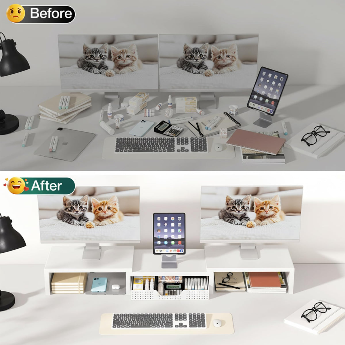 OPNICE Dual Computer Monitor Stand Riser, Desk Organizer with Drawer, Office Desk Accessories &