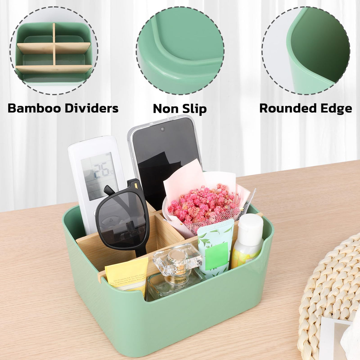 Segarty Green Remote Control Holder, Detachable Divided Bamboo Desk Organizer Caddy, Desktop