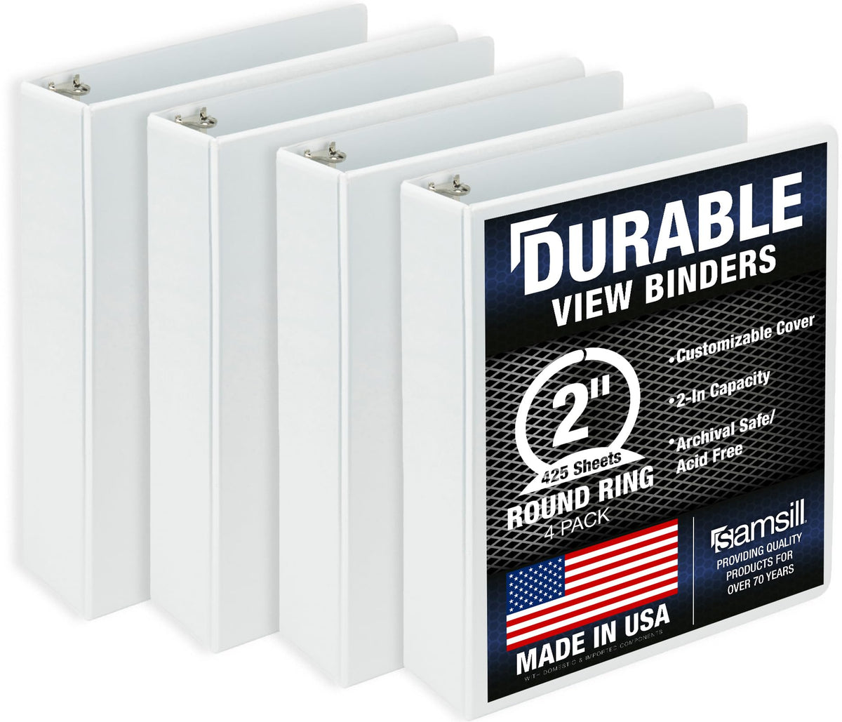 Samsill 4 Pack Durable 2 Inch 3 Ring Binders, Round Ring, Clear View Cover for Presentations, White