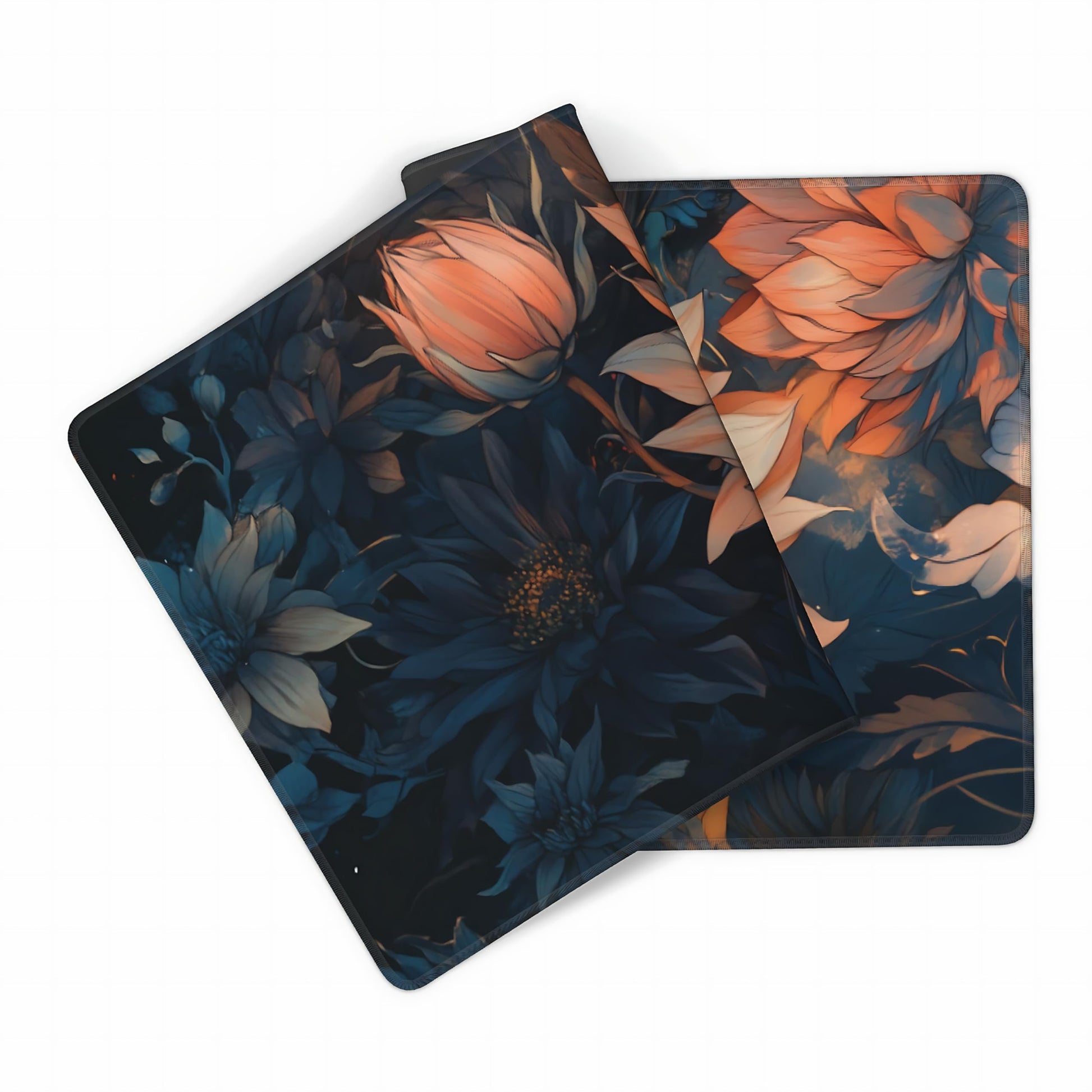 Floral Aesthetic Lotus Gaming Mouse Pad, Blue Pink Japanese Desk Mat with Anti-Slip Base & Stitched