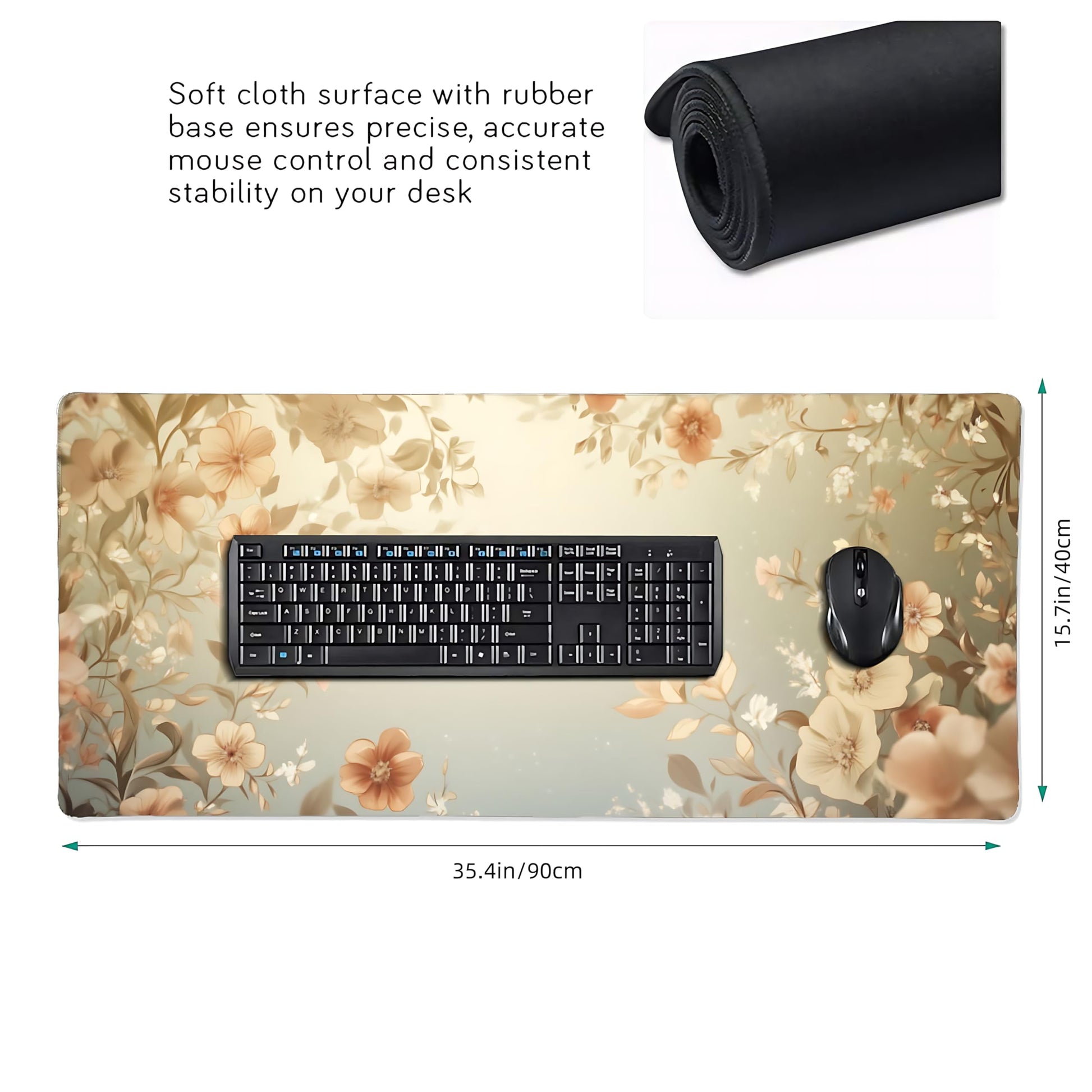 Cute Floral Aesthetic Daisy Gaming Mouse Pad, Muted Green Dreamy Desk Mat with Anti-Slip Base &
