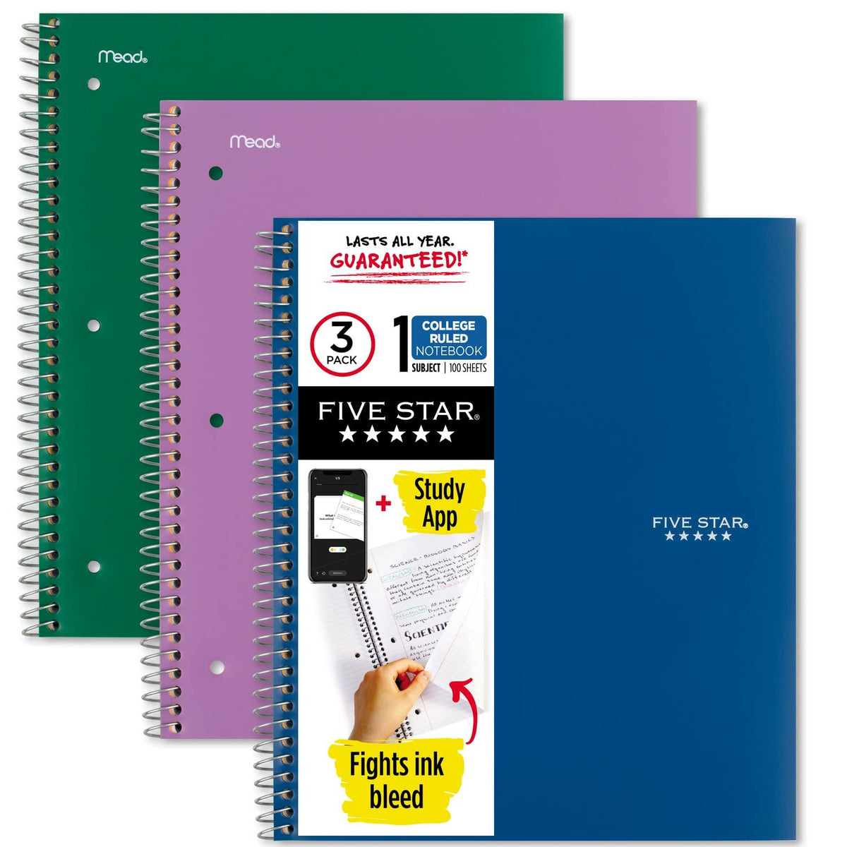 Five Star Spiral Notebooks with Pockets + Study App, 3 Pack, 1-Subject, College Ruled Paper, 11” x