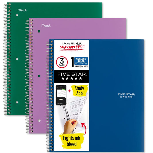 Five Star Spiral Notebooks with Pockets + Study App, 3 Pack, 1-Subject, College Ruled Paper, 11” x