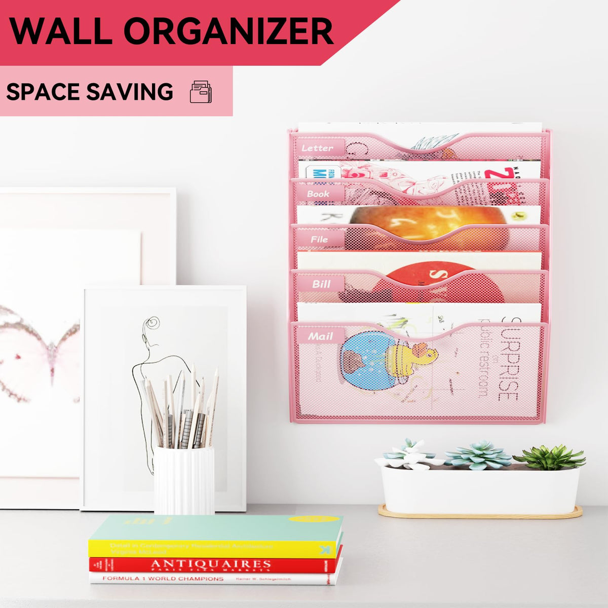 GDINDINFAN 5 Pockets Hanging Wall File Organizer Mail Holder, Wall Mounted Paper Document Folder