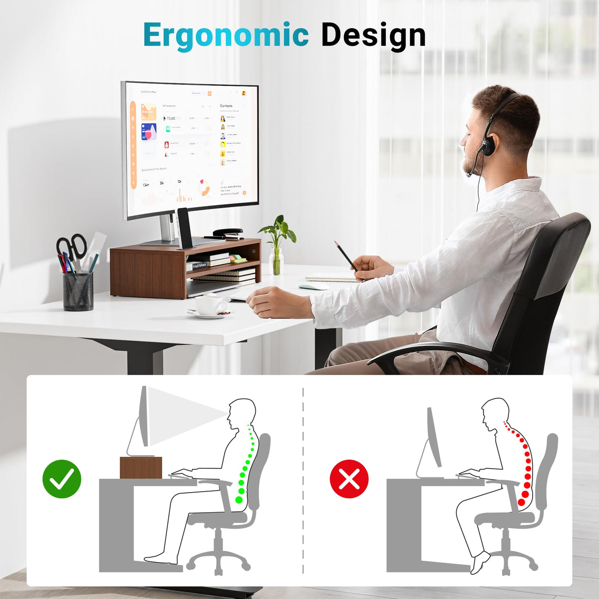 BONTEC Wood Monitor Stand Riser, 2-Tier Desktop Organizer