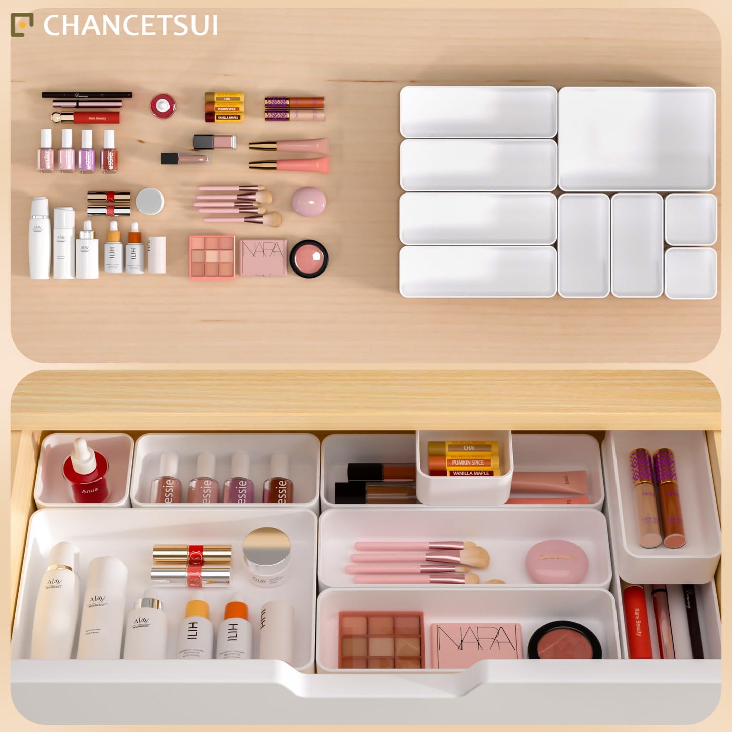 White Desk Drawer Organizer Trays: 9PC Shallow Vanity Bathroom Organizers