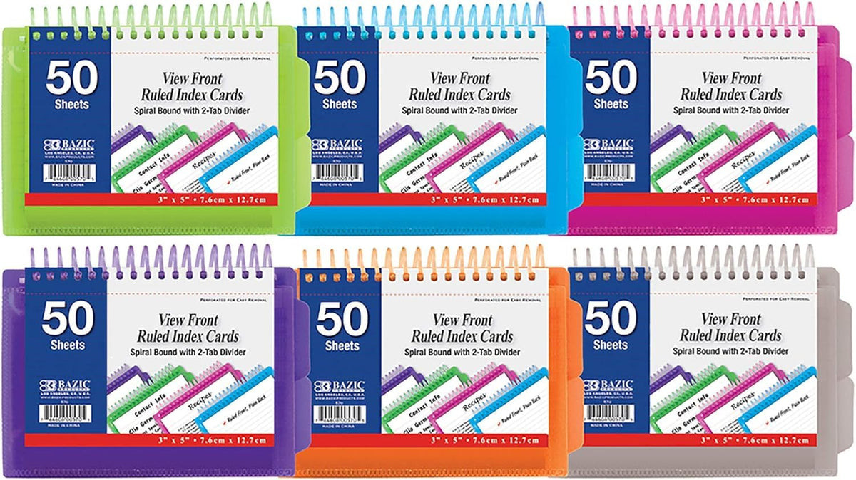 BAZIC Products View Front Spiral Index Cards w/Divider, 3 x 5 in, 6-Set