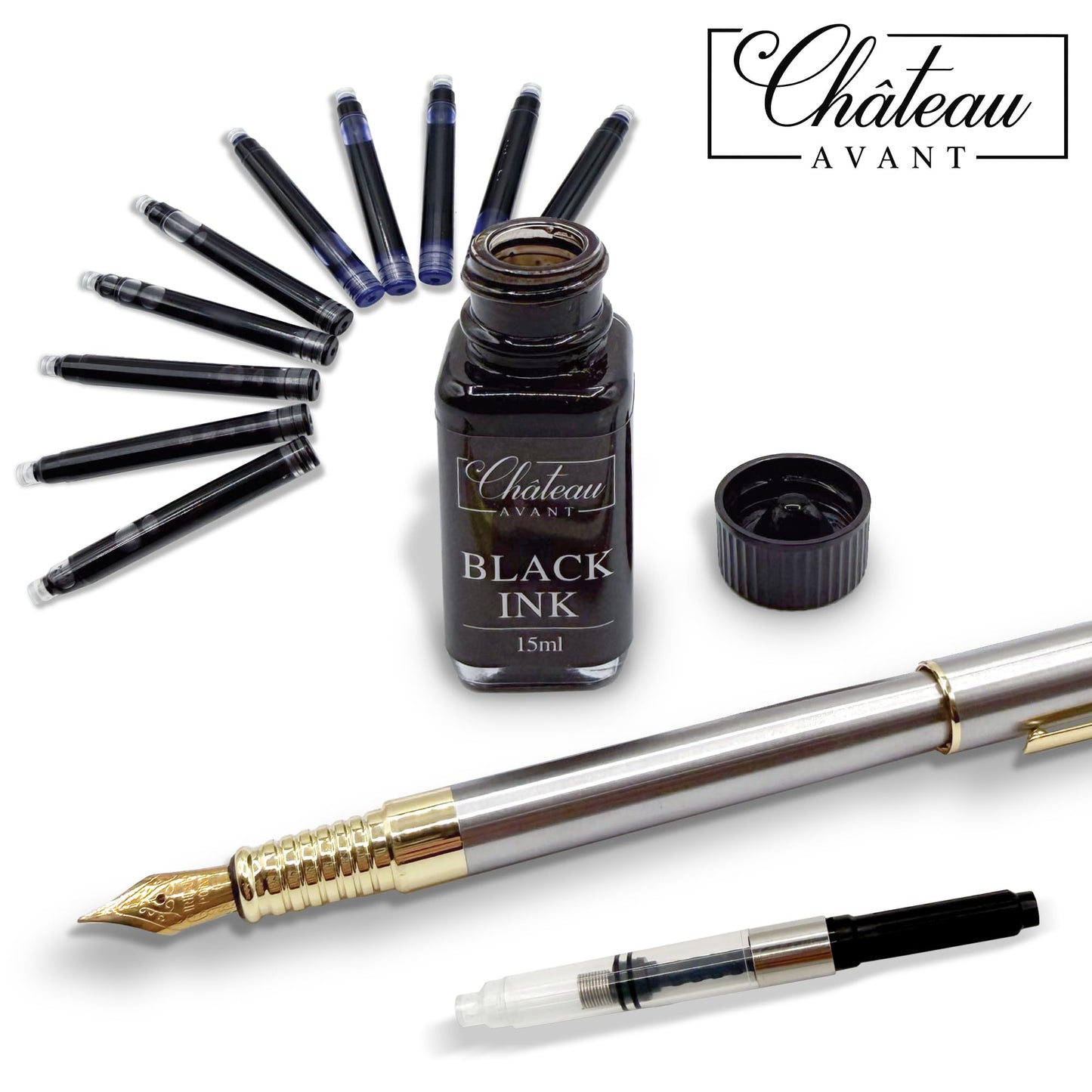 Chateau Avant Signature Calligraphy Fountain Pen Gift Set | Grey | Fine and Calligraphy Nibs, 10