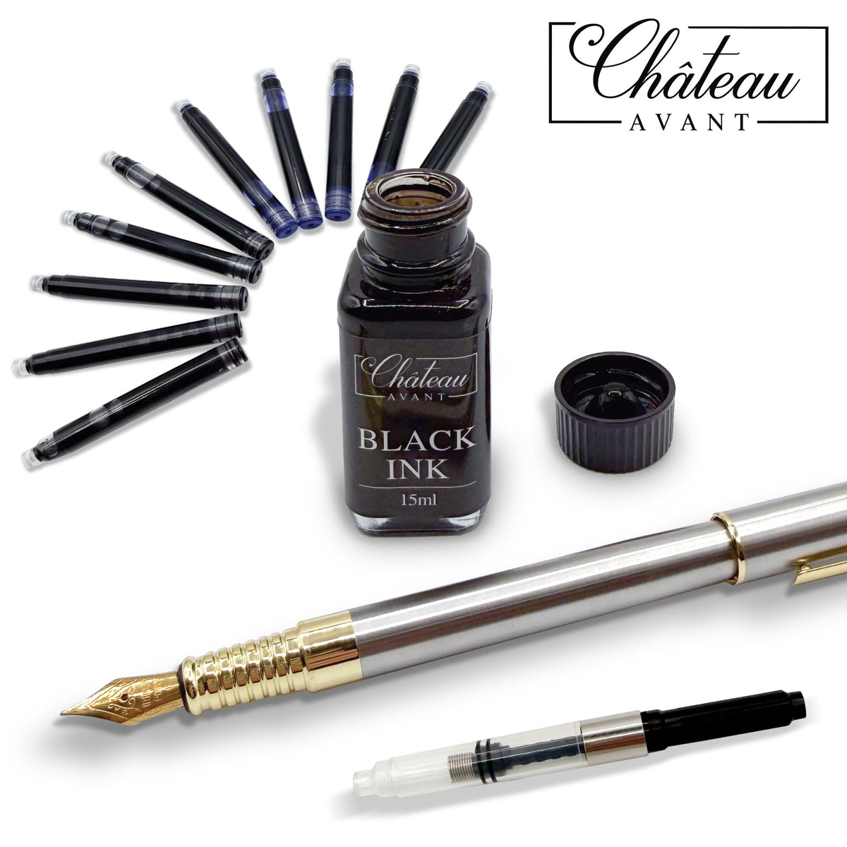 Chateau Avant Signature Calligraphy Fountain Pen Gift Set | Grey | Fine and Calligraphy Nibs, 10