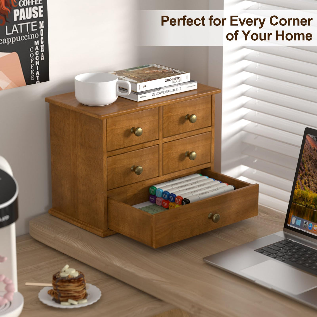 Oak Desk Organizer with Drawers, Durable Wooden Desktop Storage Box