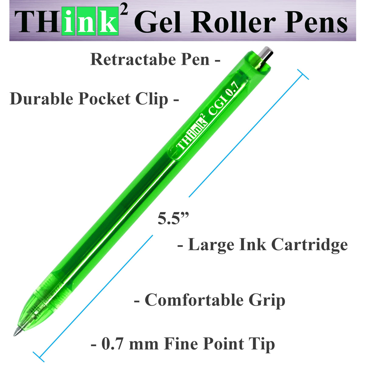 [24 Pens - Green Ink] Think2 0.7mm CGI Retractable Gel Pens. (24 Green) Medium Point Rollerball