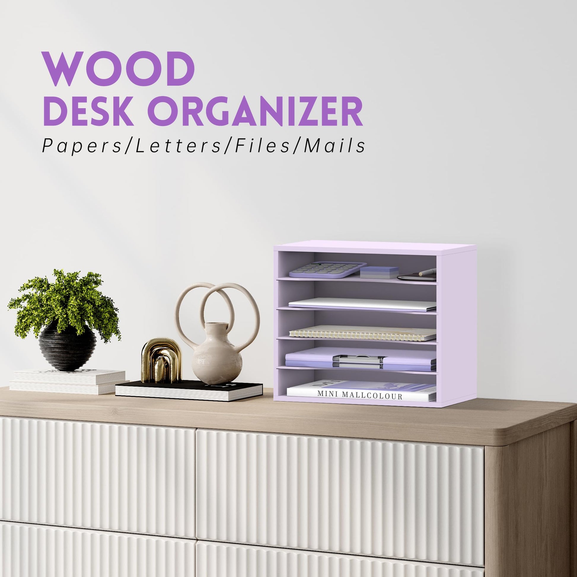 5 Tier Wood Desk Organizer, Paper Organizer for Desk, Purple