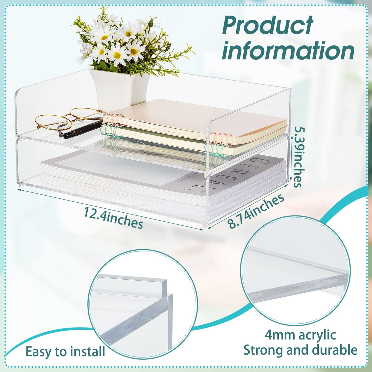 Yulejo 2 Pack Acrylic Desk Organizers, Stackable Paper Tray, 12.4x8.8x5.4''