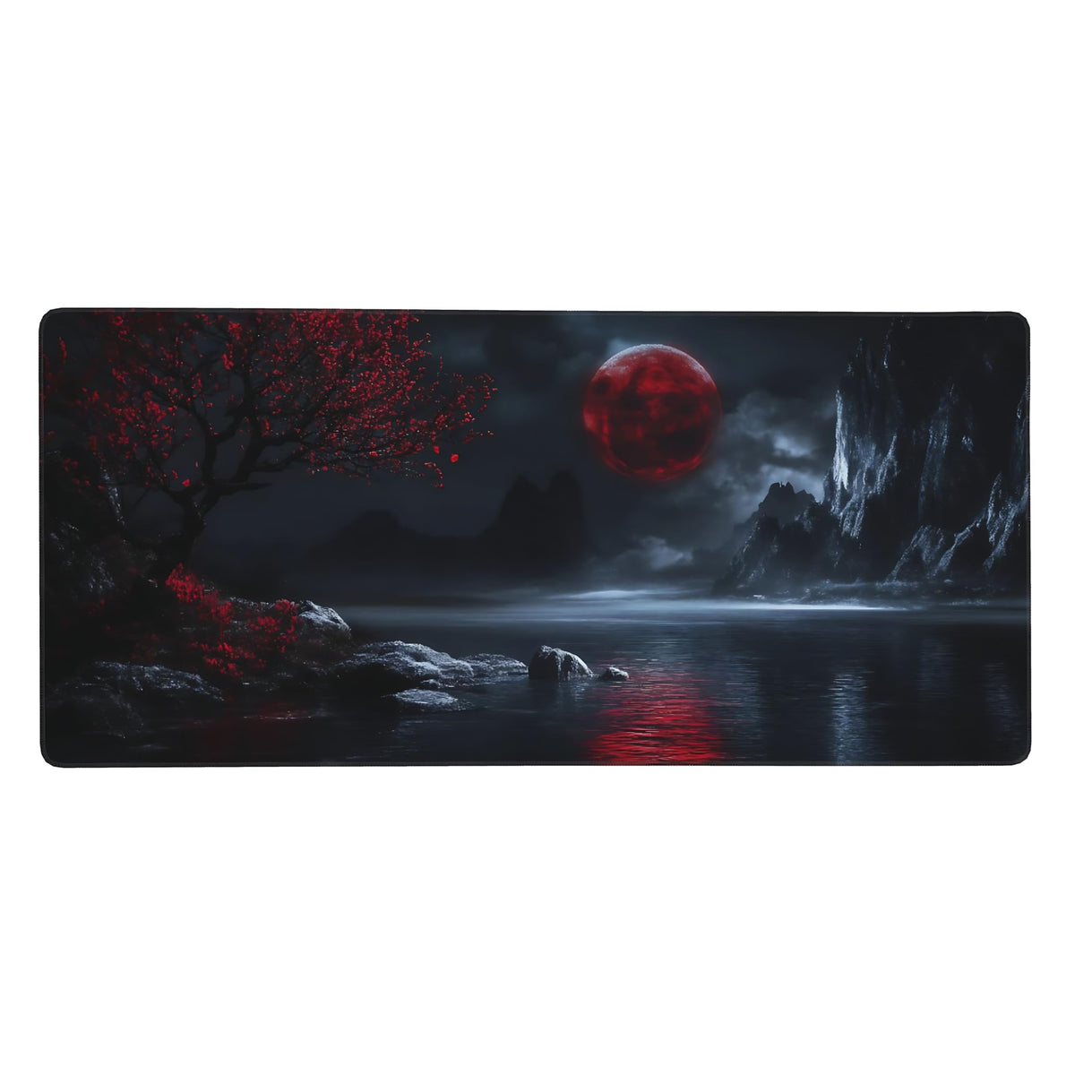 Aesthetic Scenery Gaming Mouse Pad, Black Red Japanese Desk Mat with Anti-Slip Base & Stitched