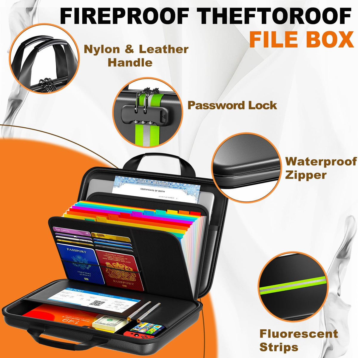 IPYIPY Fireproof Document Organizer with Lock, Semi-Rigid EVA Shell File Box with 13-Pocket