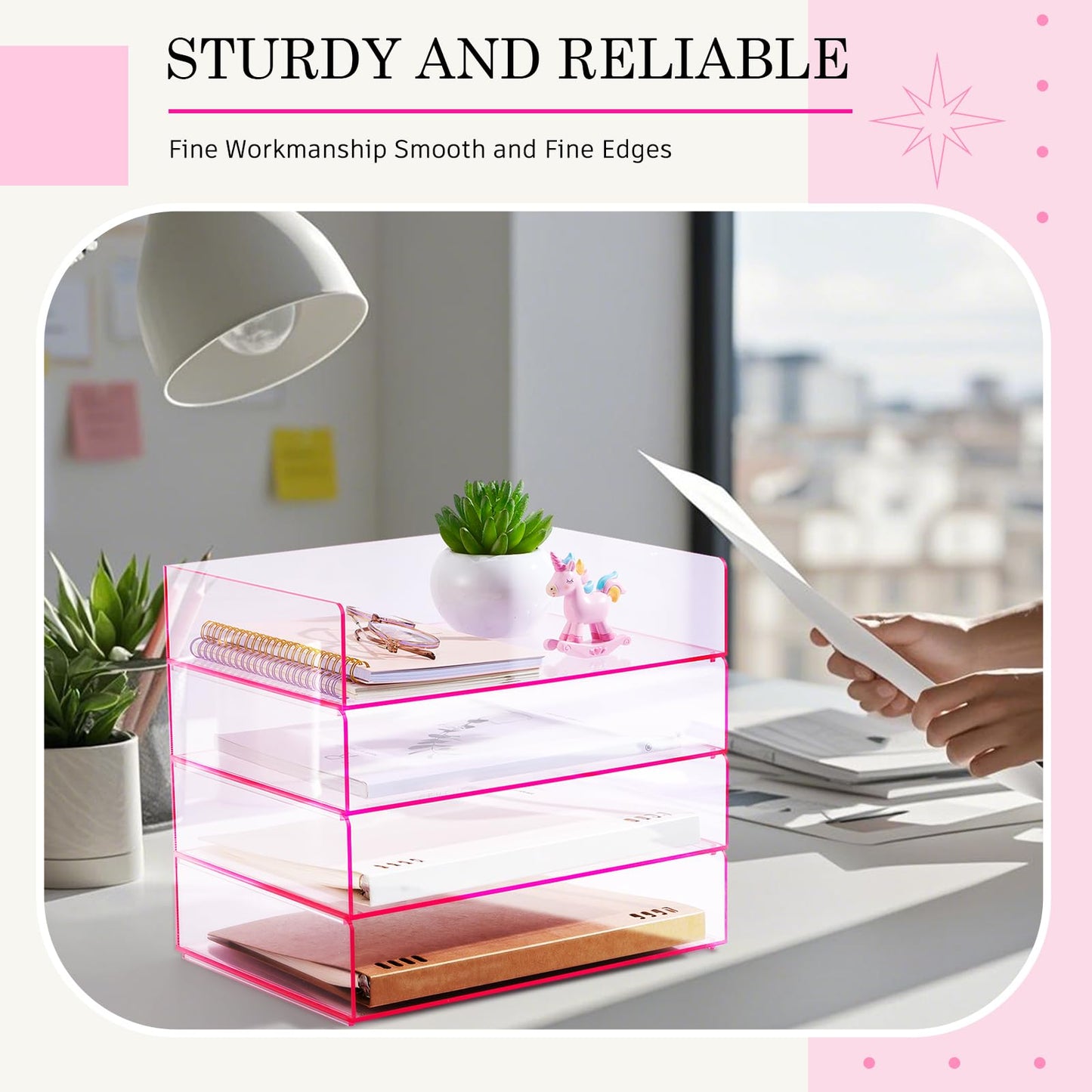 Harloon 4 Tier Paper Organizer Letter Tray Pink Acrylic Desk File Organizer Heavy Duty Stackable