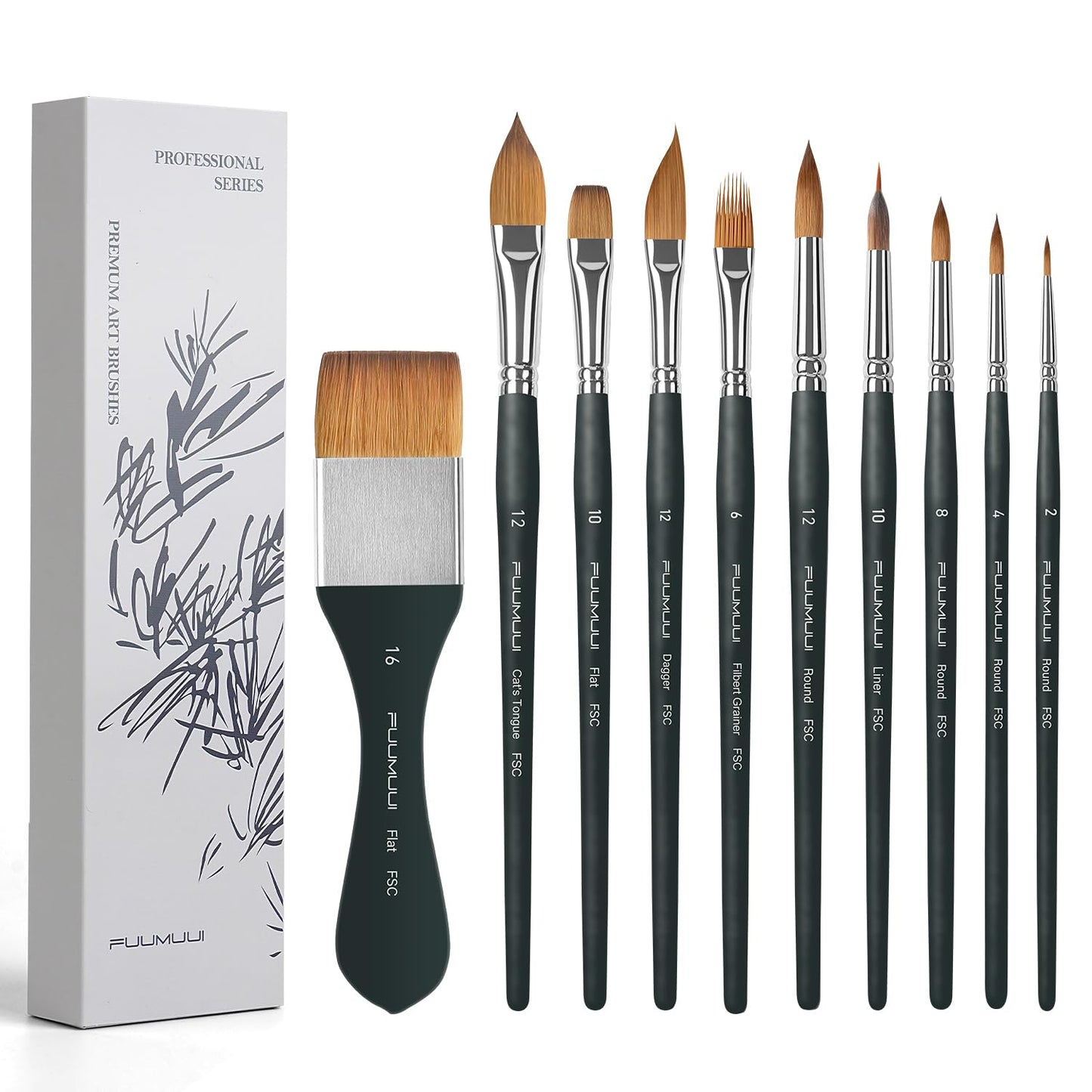 Fuumuui Watercolor Brush Set, 10Pcs Professional Soft Synthetic Hair Paint Brushes - Wide Flat