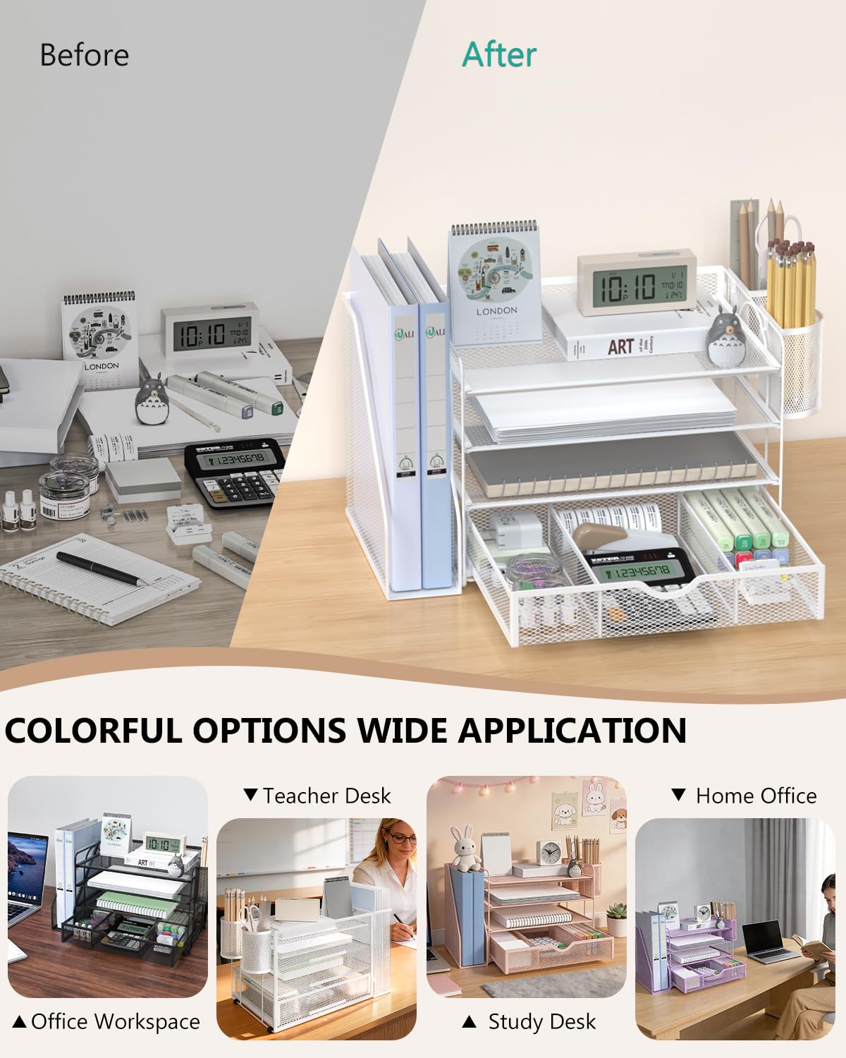 WALI Desk File Organizer, 4 Tier Desktop Paper Letter Tray Organizer with Drawer and 2 Pen Holders