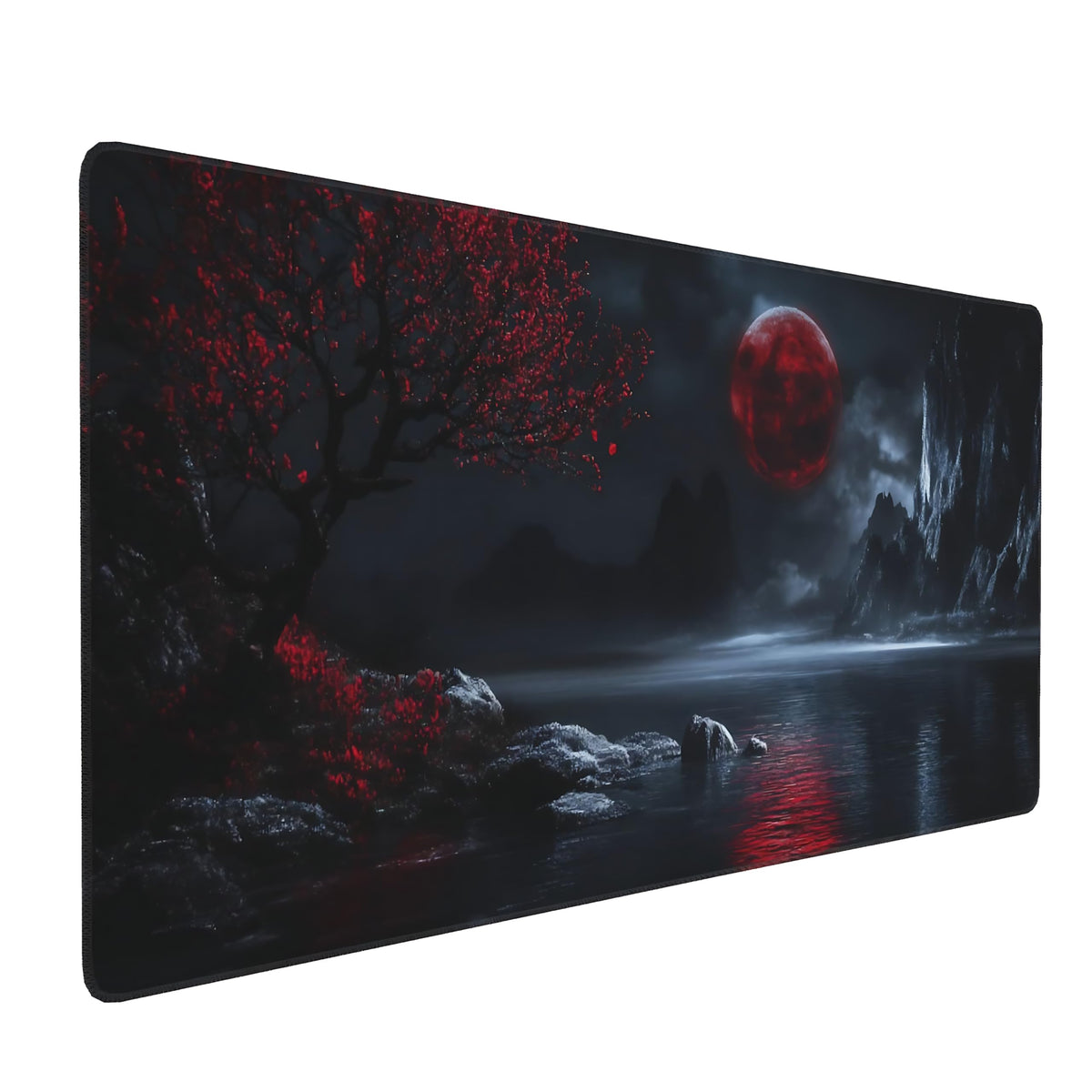 Aesthetic Scenery Gaming Mouse Pad, Black Red Japanese Desk Mat with Anti-Slip Base & Stitched
