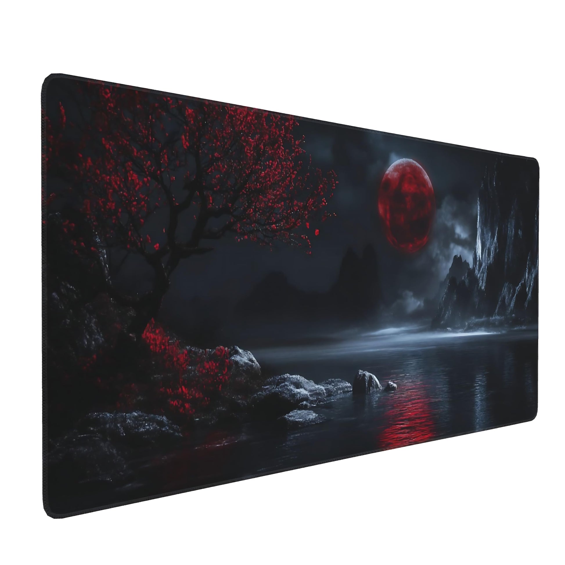 Aesthetic Scenery Gaming Mouse Pad, Black Red Japanese Desk Mat with Anti-Slip Base & Stitched