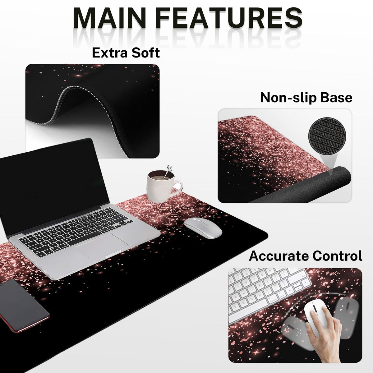 Britimes Keyboard Mouse Pad Set, 4 in 1 Desk Mat Set, Pink Rose Gold