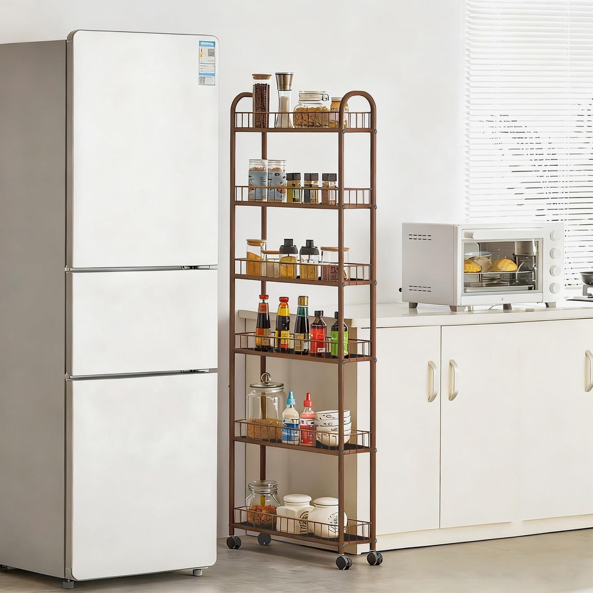 RUOZTEOO 6in 6-Tier Slim Storage Cart with Wheels, Metal Narrow Rolling Shelf, Sturdy Slim Storage
