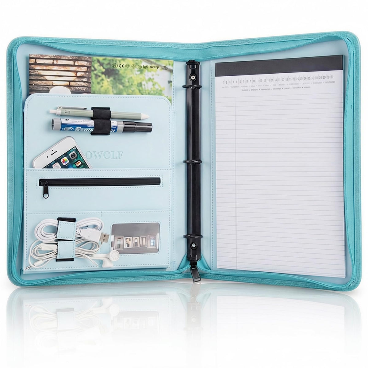 OOWOLF Padfolio Portfolio Folder, PU Leather Professional with 1 inch 3 Ring Binder 8.5 x 11 Letter