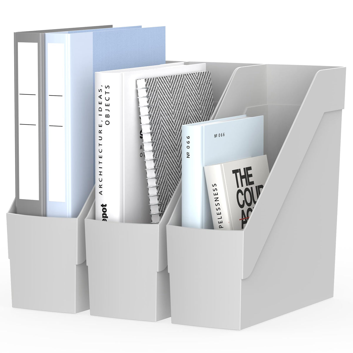 Delifox 3 Pack Magazine Rack, Plastic File Folder Bin Organizer, Gray