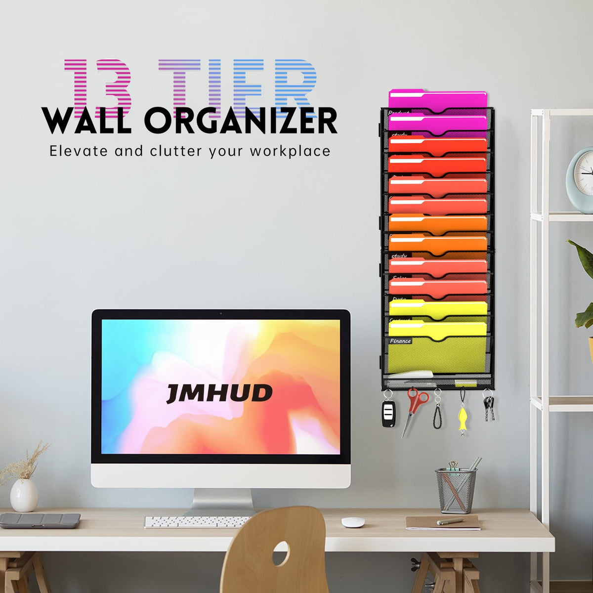 13-Tier Wall File Organizer with Base and Hooks, Hanging Organizer, Black
