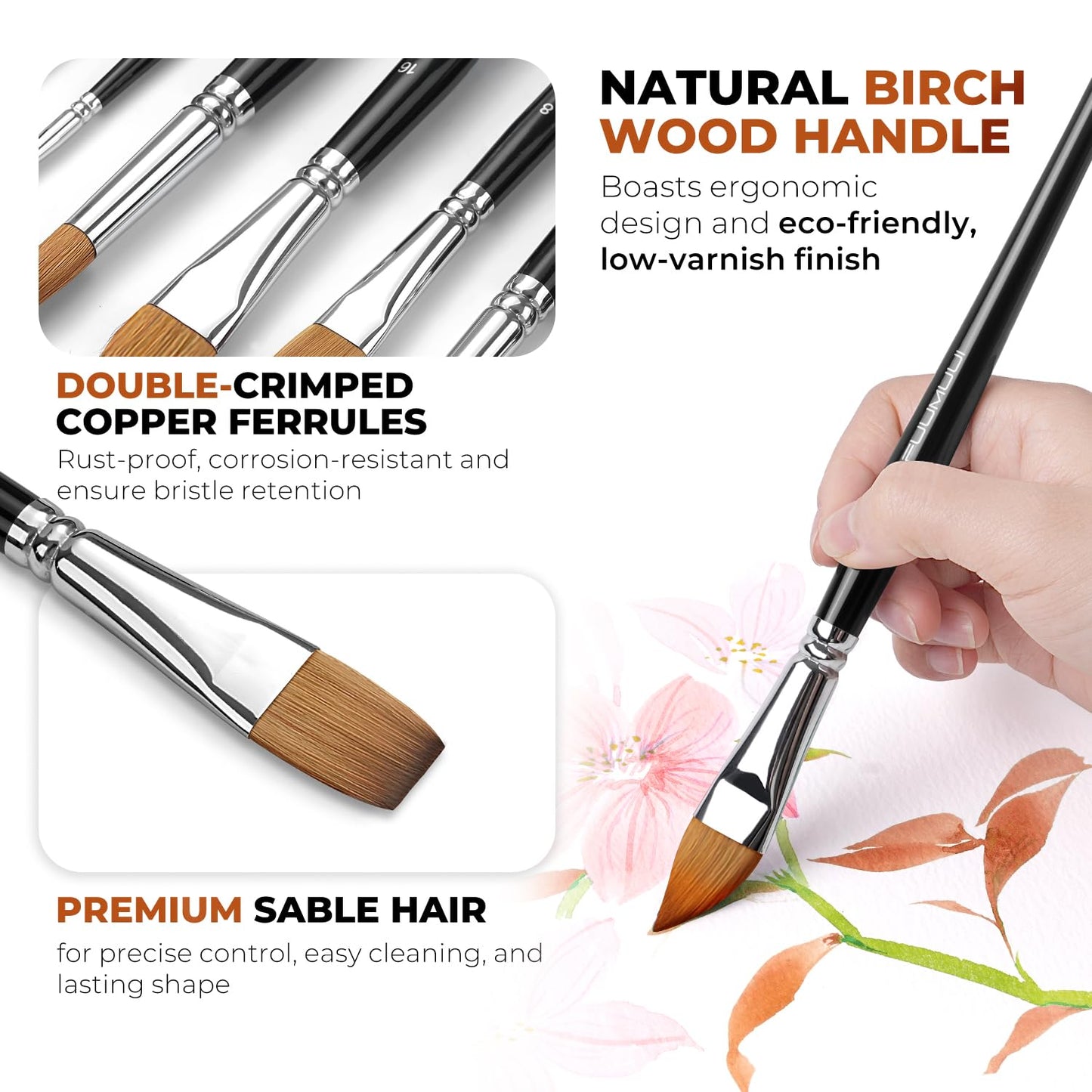 Watercolor Brushes Professional, Fuumuui 8Pcs Sable Paint Brush Set Variety Shapes with Flat, Round