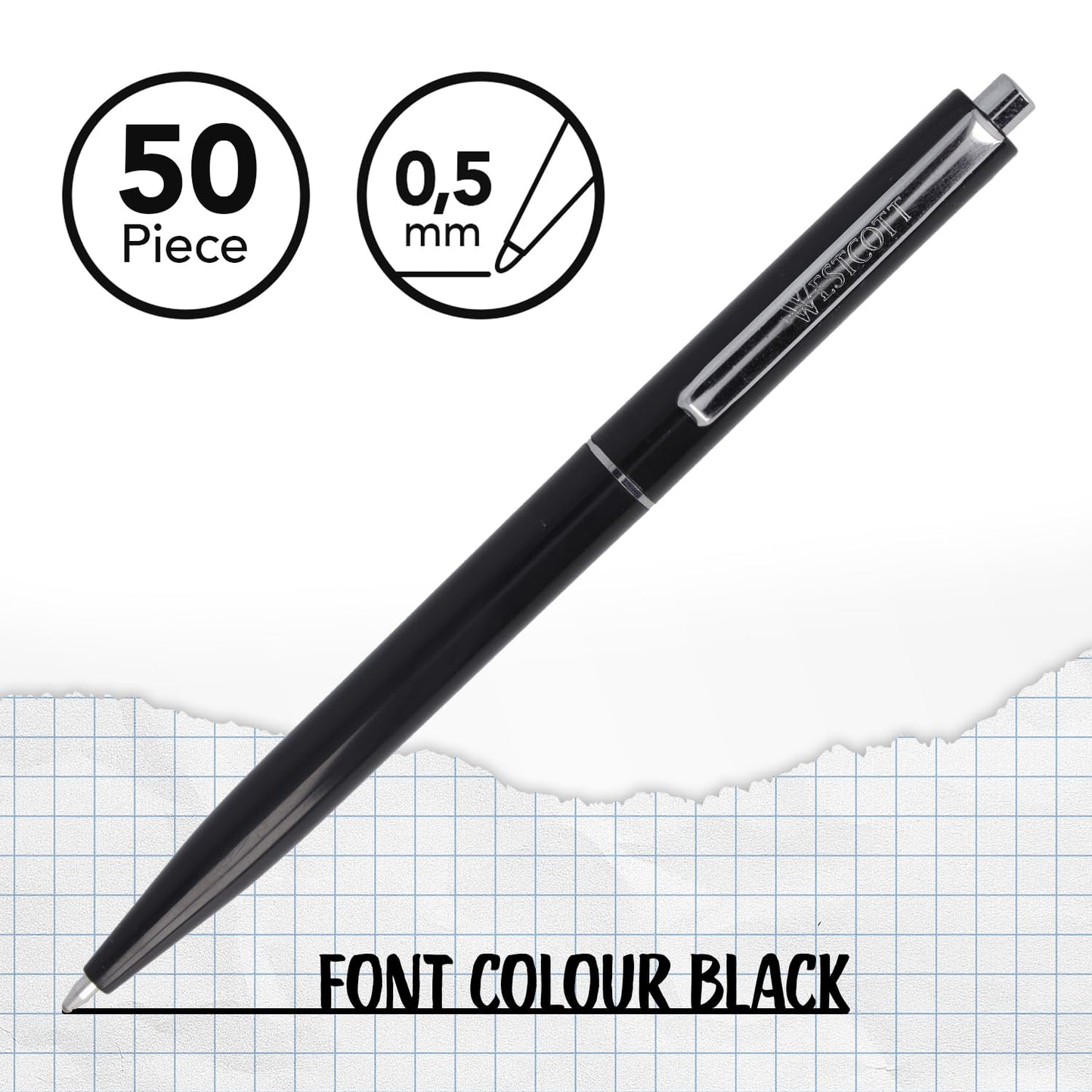 Westcott ballpoint pen ALLTIME black 50 pieces | Retractable biro pens with black ink | Line width