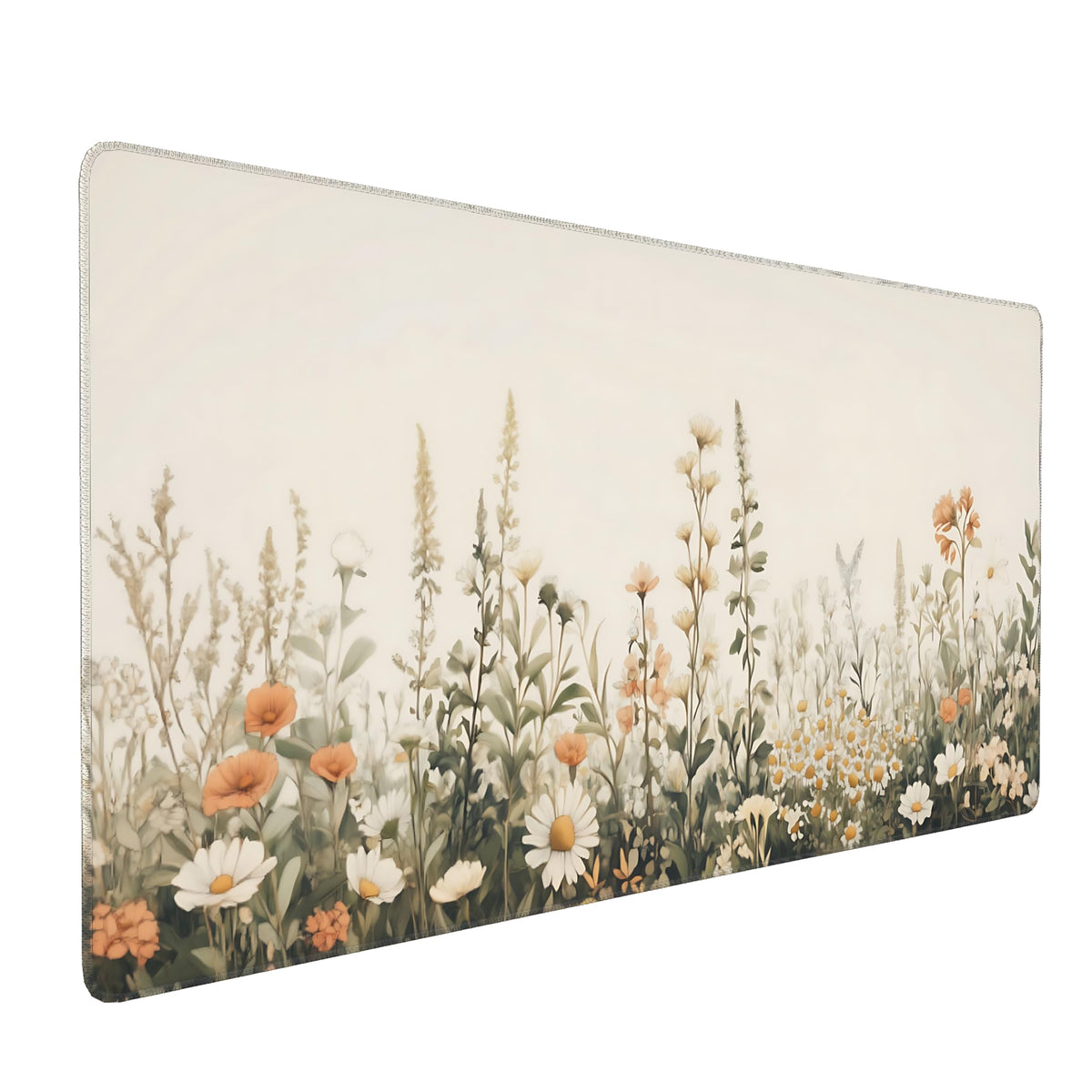 Floral Aesthetic Wildflower Gaming Mouse Pad, Beige Vintage Botanical Desk Mat with Anti-Slip Base