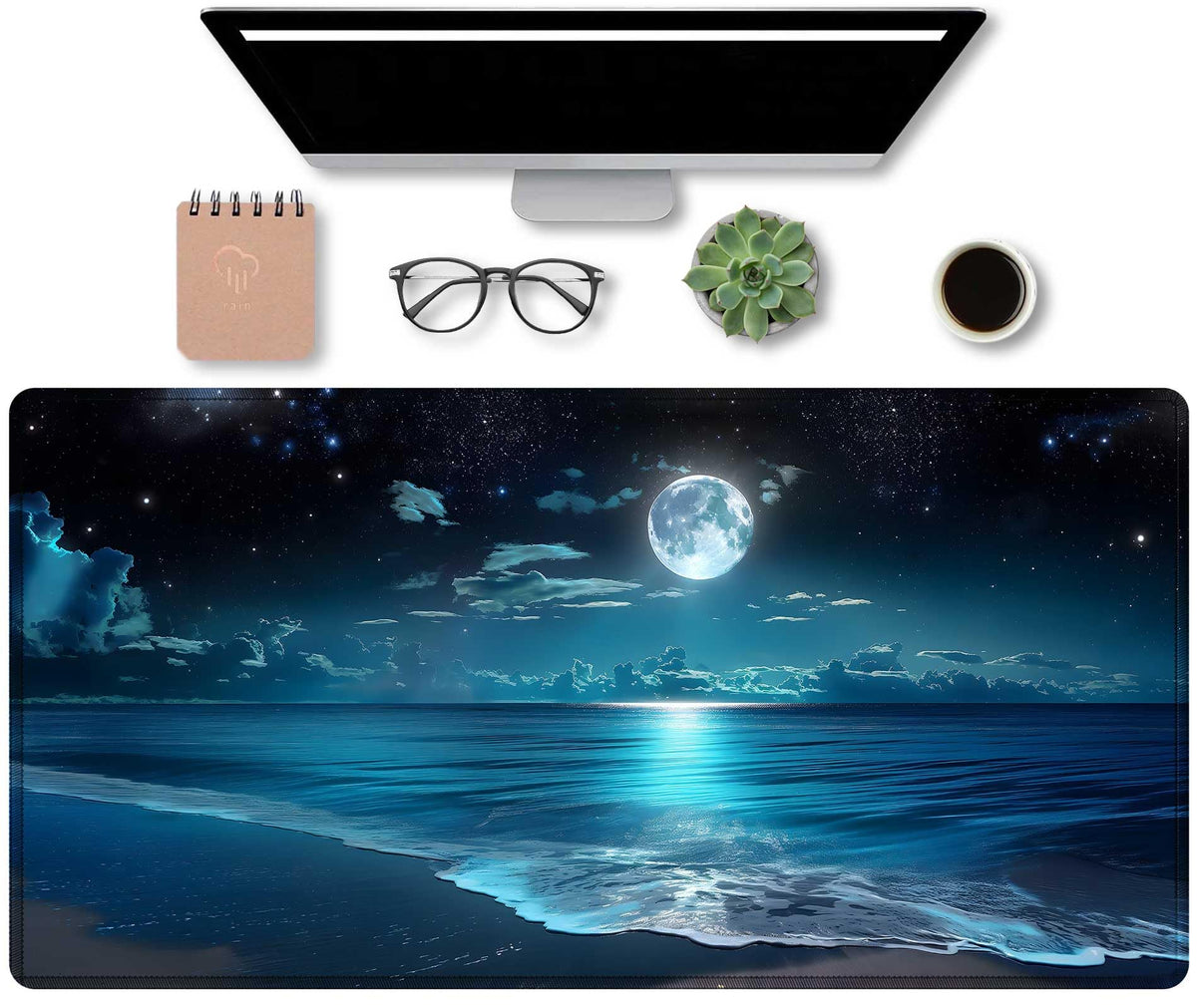 Moon Illuminating The Clear Blue Ocean Design Large Mouse pad,Large Extended Gaming Mouse Pad with