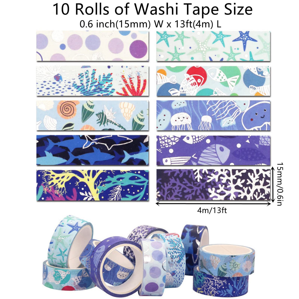 Esweny Blue Ocean Washi Tape Set 10 Rolls Bronzing Sea Decorative Masking Tapes for Scrapbooking