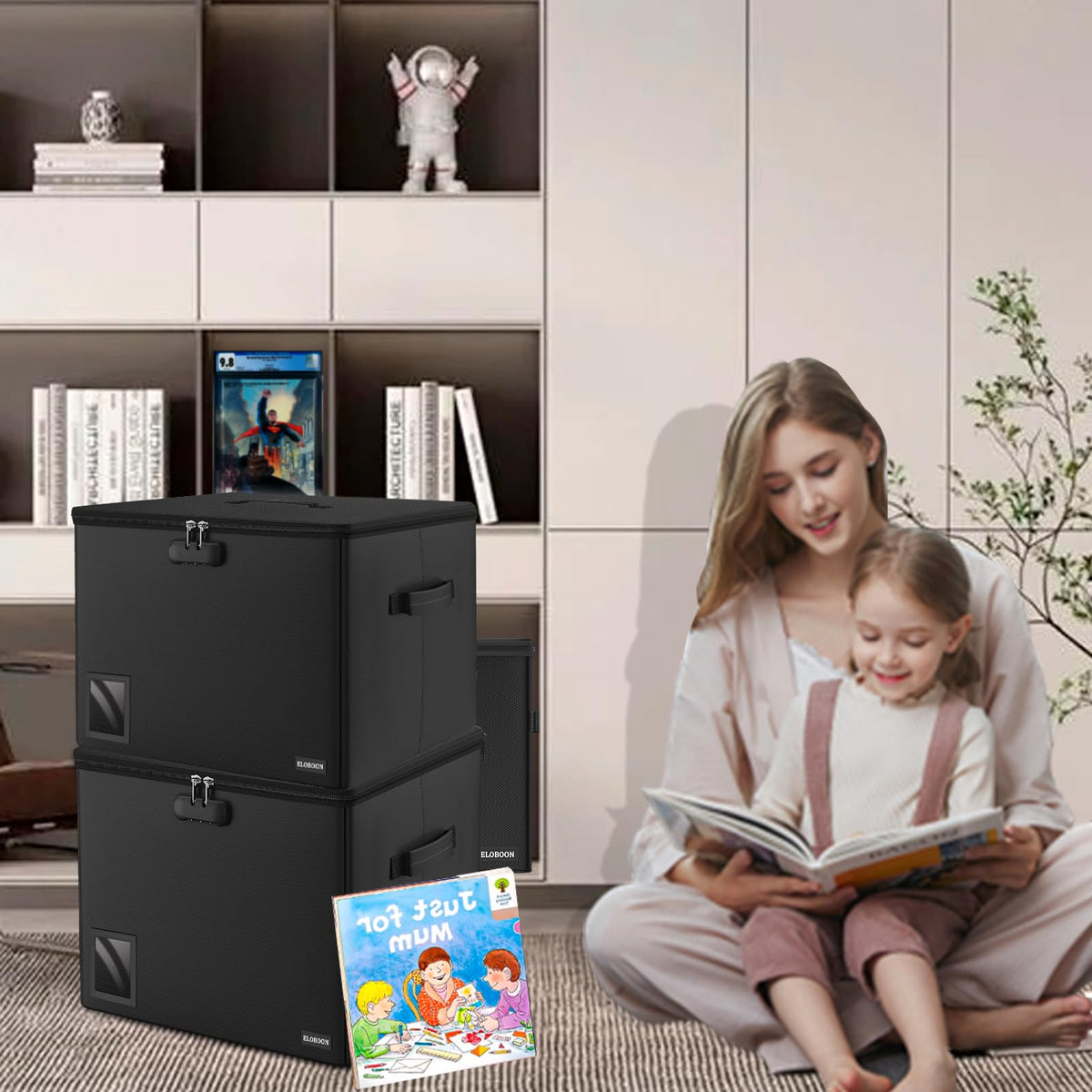 ELOBOON Fireproof Comic Book Storage Box for 300-350 Comics,Comic Bin