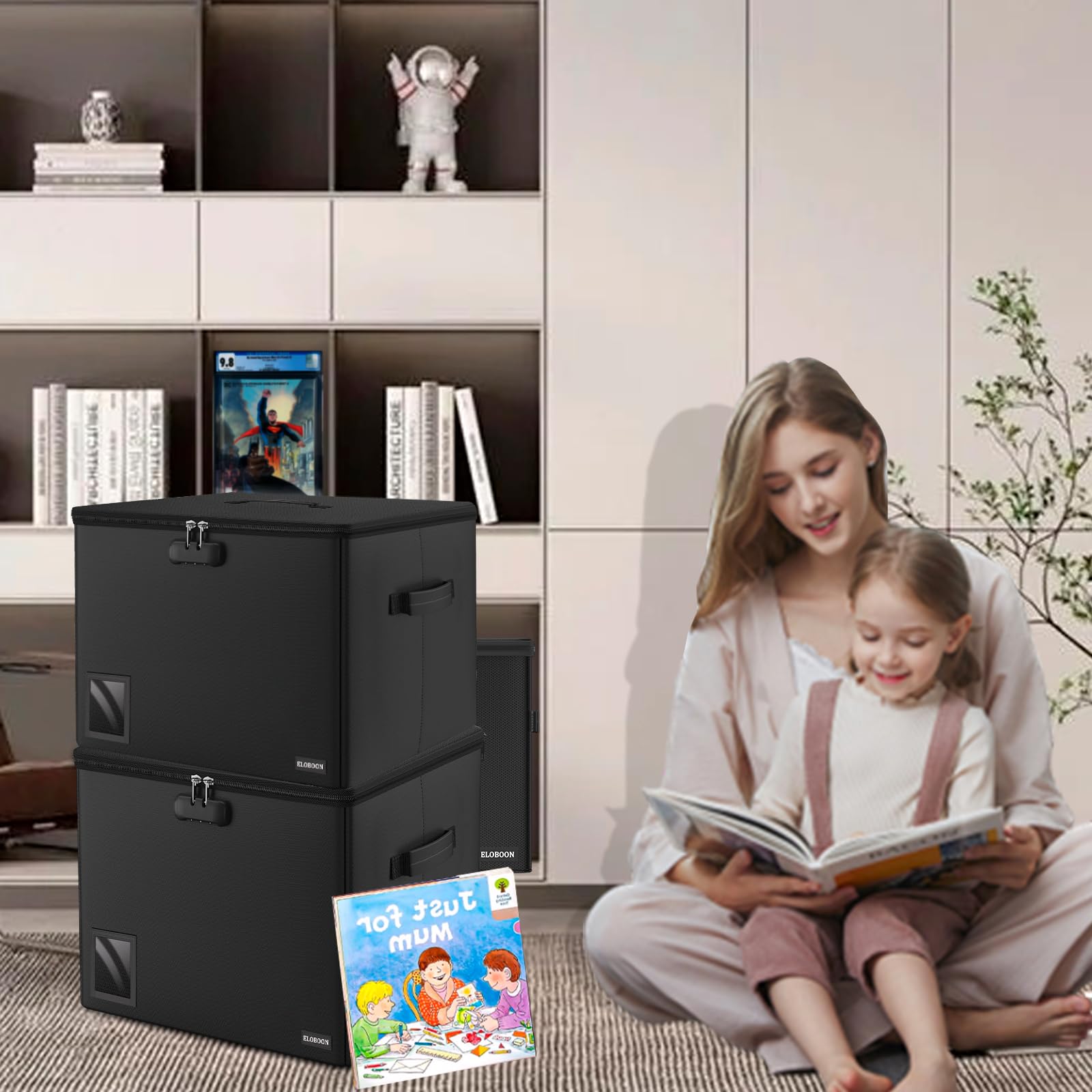 ELOBOON Fireproof Comic Book Storage Box for 300-350 Comics,Comic Bin