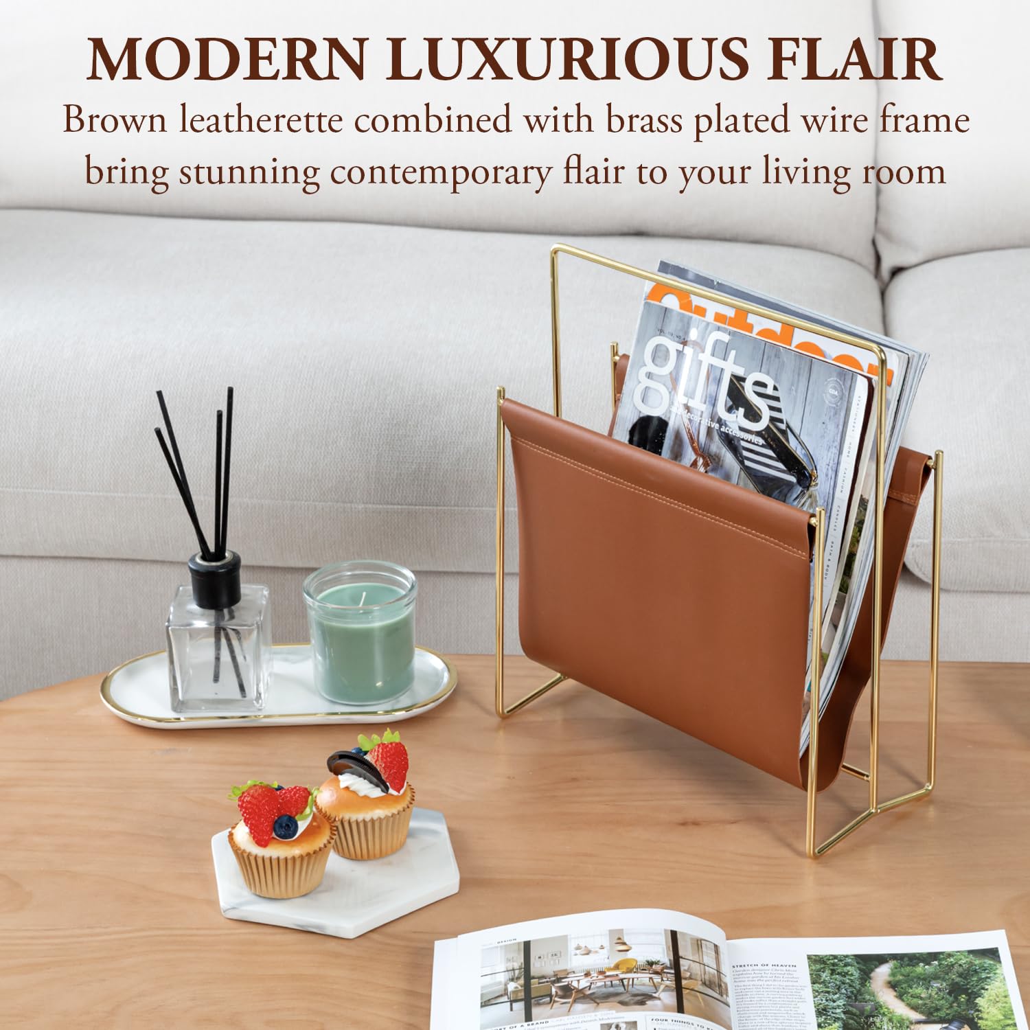MyGift 13 inch Modern Caramel Leatherette Magazine Holder Floor Standing Sling Style Rack with