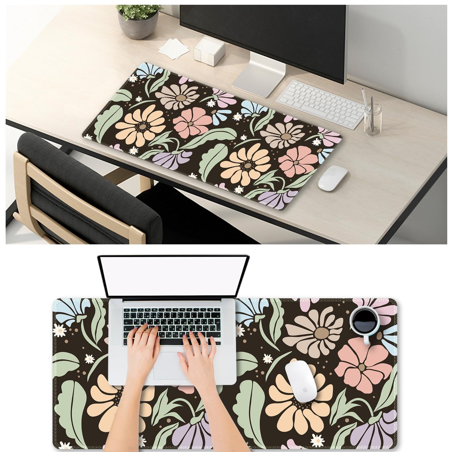 ARTSO Black Large Desk Mat,XXL Gaming Mouse Pad,Non Slip Desk Pad with Rubber Base,Floral Extended